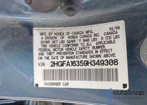 2009 Honda Civic Vp из США, поврежденный, VIN 2HGFA16359H349308